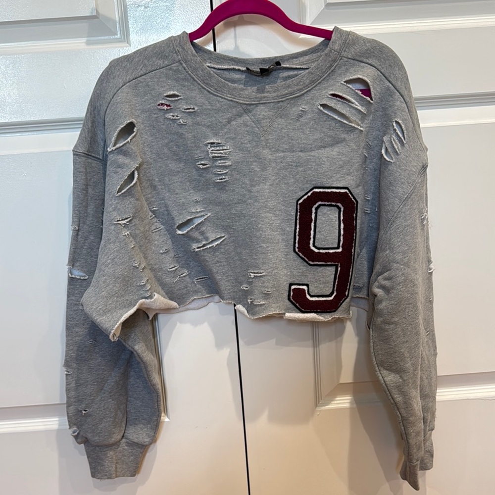 Gray Distressed Cropped Sweater